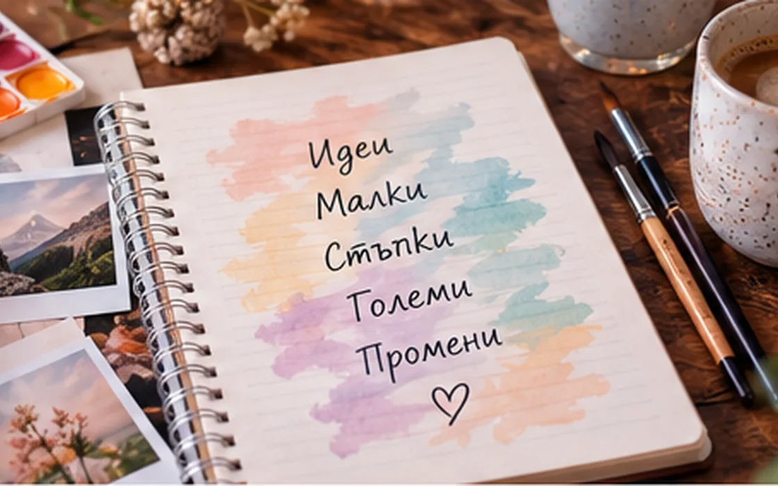 Бележник с творчески скици, цветове и идеи на слънчево бюро