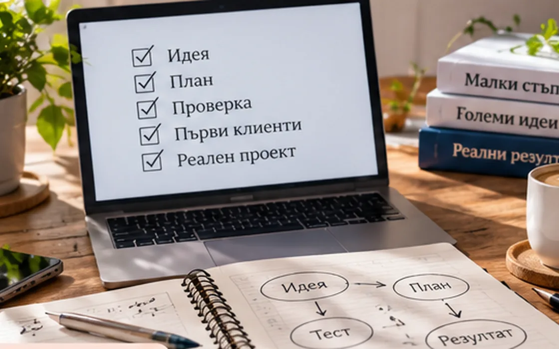 Работен бележник с план, тестови стъпки и лаптоп на бюро